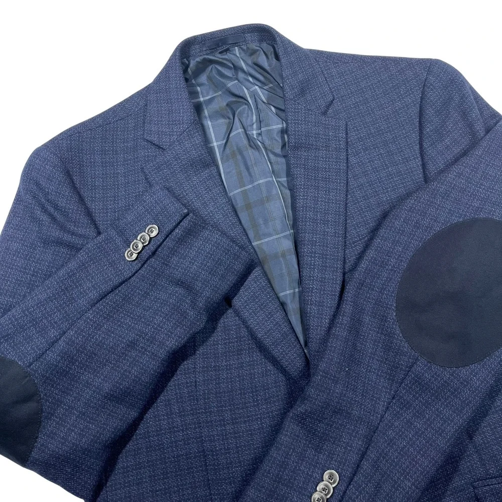 Jos. A. Bank‎ Blazer Mens 41R Blue Birdseye Weave Wool Tailored Fit Elbow Patch